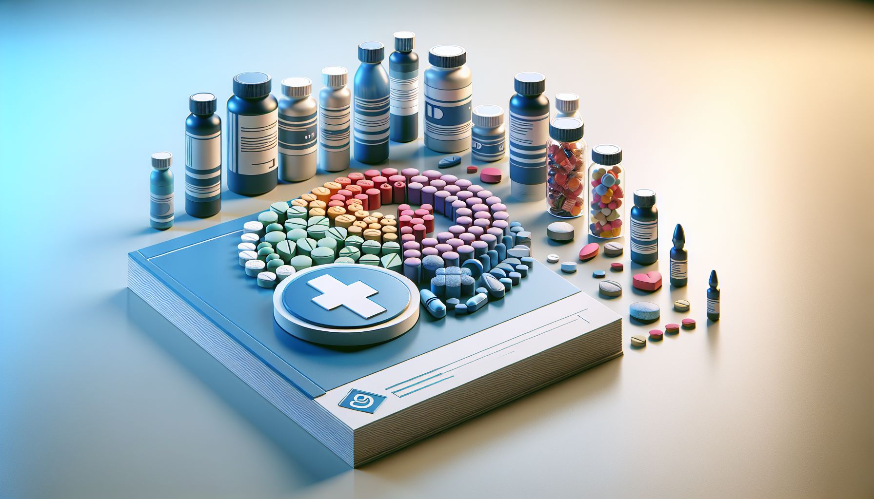 An array of ED pills displayed with a medical stethoscope and prescription pad