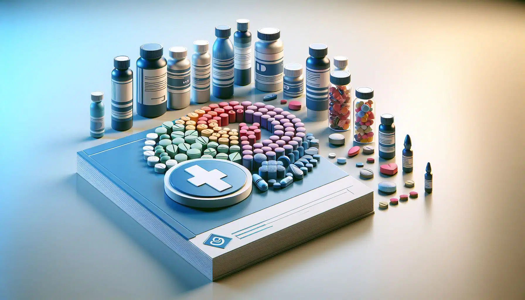 An array of ED pills displayed with a medical stethoscope and prescription pad