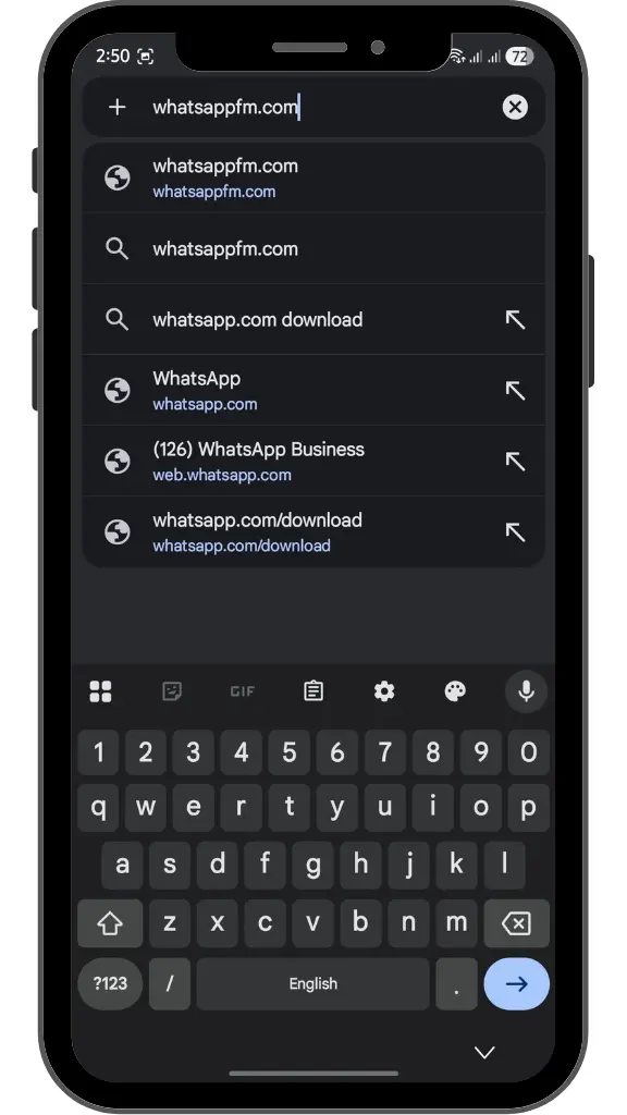Type whatsappfm.com in search bar for official app